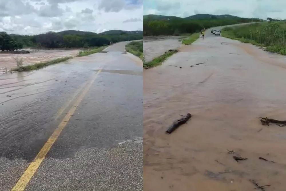Vazão de água aumenta sobre a PB-275 após estouro de açudes entre Patos e São José de Espinharas