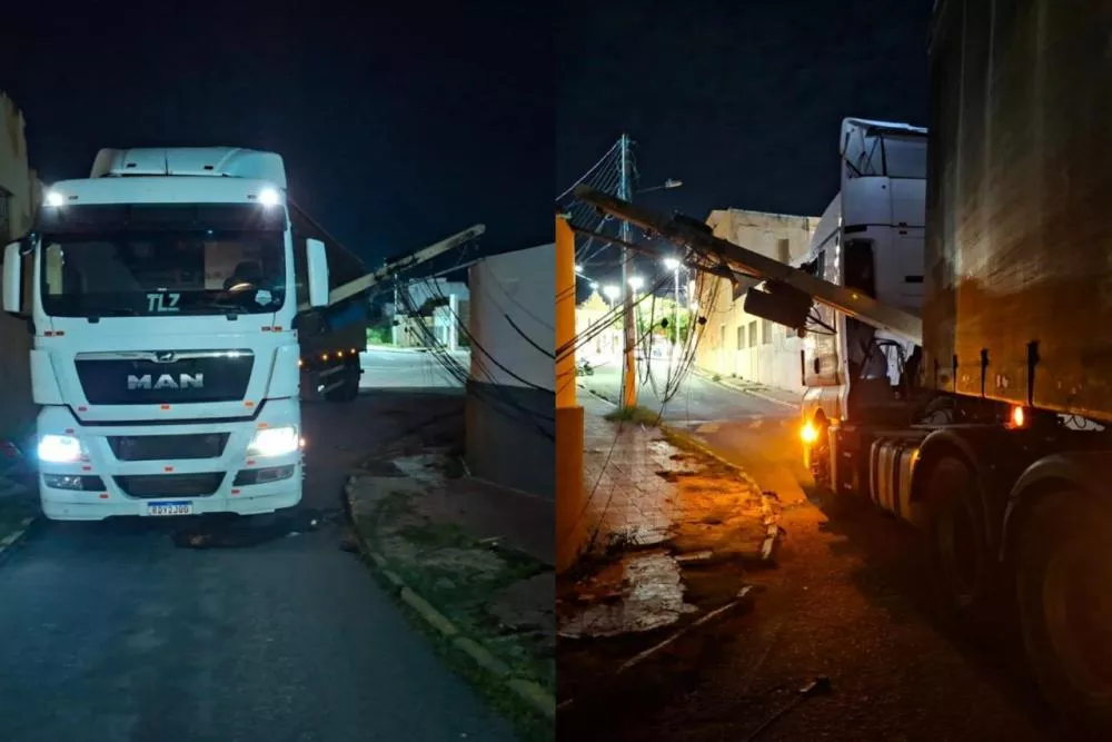 Caminhão derruba poste após atingir fiação no Centro de Patos