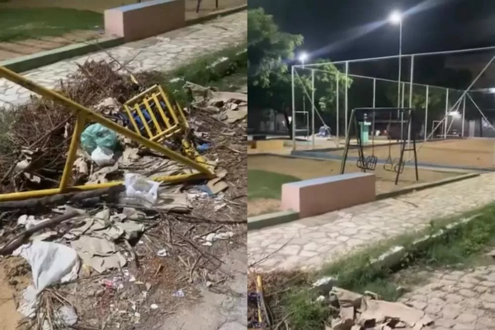 Morador chama atenção para brinquedo quebrado em praça do bairro Jardim Queiroz