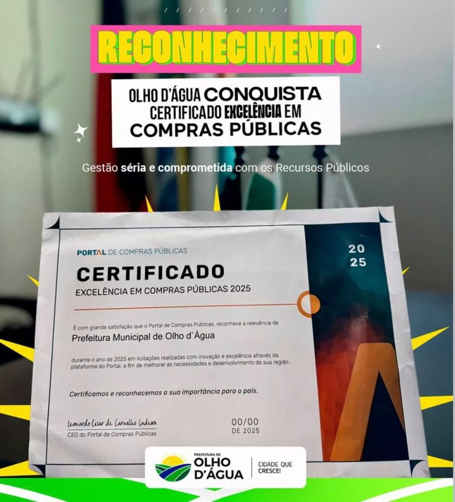 Olho d’Água conquista Certificado de Excelência em Compras Públicas 2025 e reforça compromisso com a transparência