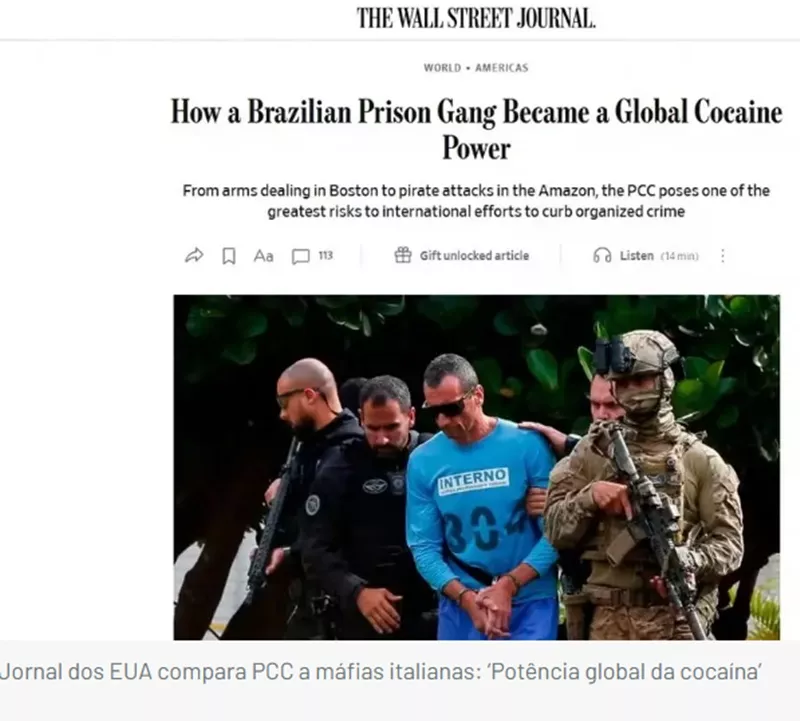 Jornal dos EUA compara PCC à máfia italiana e diz que facção atua como “multinacional” do crime
