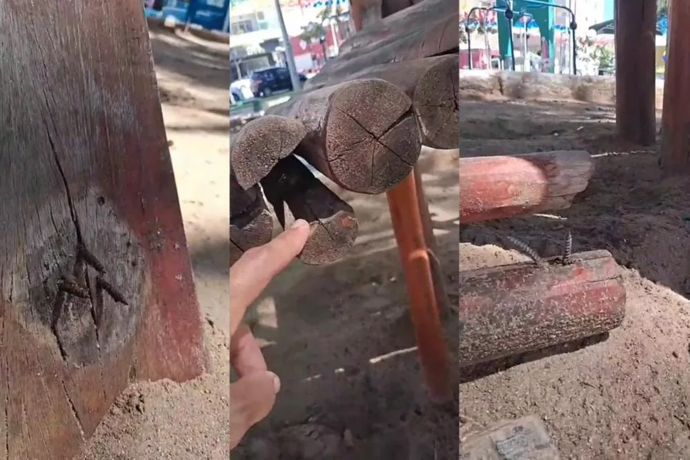 Cidadão cobra manutenção em brinquedo na Praça Getúlio Vargas, em Patos, e chama atenção para risco