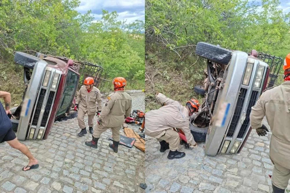 Homem fica preso às ferragens e é resgatado pelo Corpo de Bombeiros após caminhonete tombar na Serra da Tubiba, em Santa Luzia