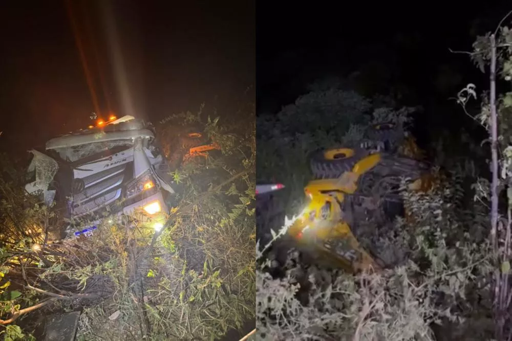 Caminhão-reboque que transportava retroescavadeira perde o controle e tomba na Serra do Teixeira