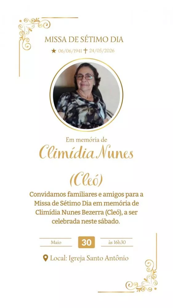 Familiares convidam para missa de 7º dia em memória da professora Climídia Nunes Bezerra, em Patos