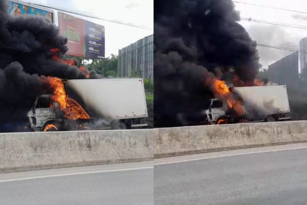 Caminhão é destruído por incêndio e interdita trecho da BR-230 em Campina Grande