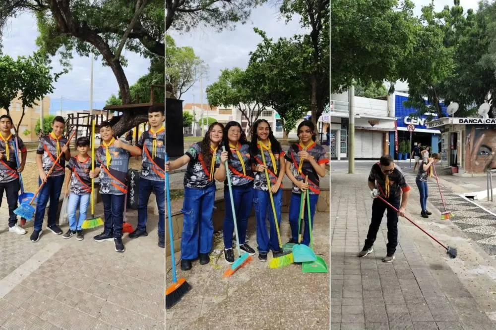 Desbravadores Pioneiros do Sertão realizam ação de limpeza na Praça do CEPA, no Centro de Patos