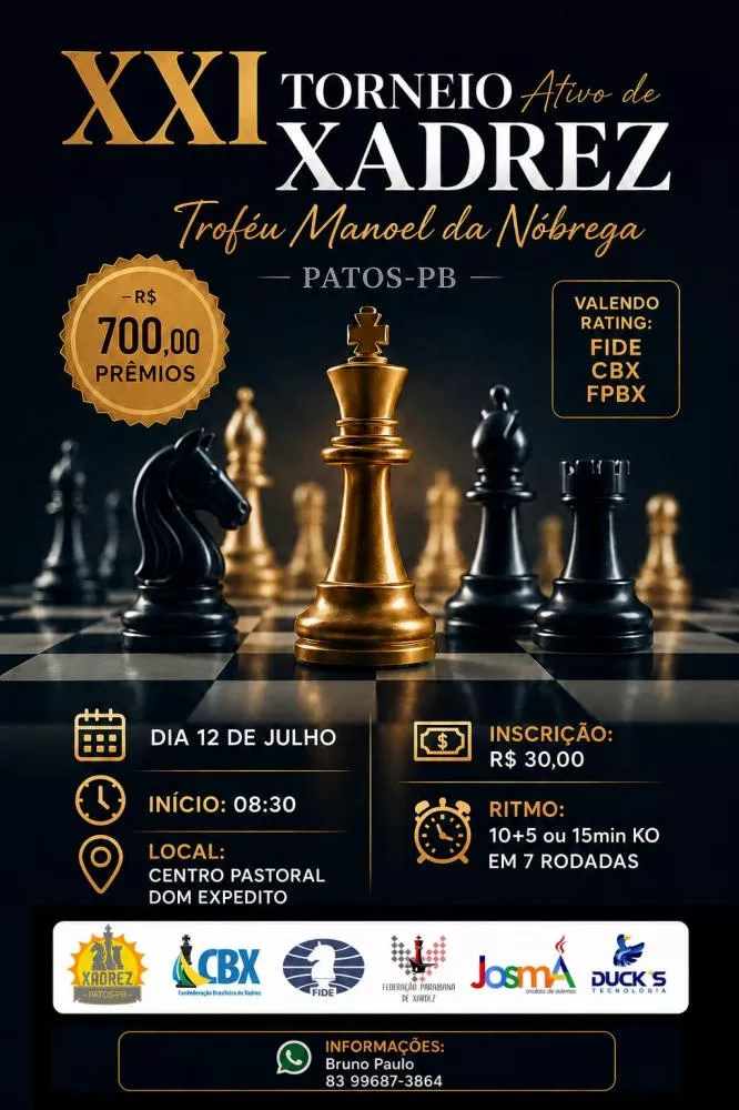 Patos recebe XXI Torneio Ativo de Xadrez – Troféu Manoel da Nóbrega no dia 12 de julho