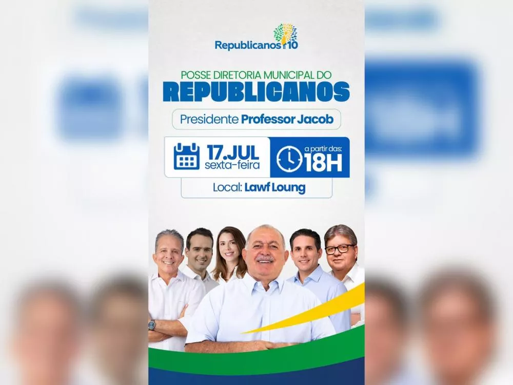 Professor Jacob toma posse como presidente do Diretório Municipal do Republicanos em Patos; evento contará com Hugo Motta e Nabor Wanderley