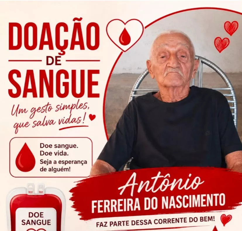 Família faz campanha de doação de sangue para idoso de 92 anos internado no Hospital Regional de Patos