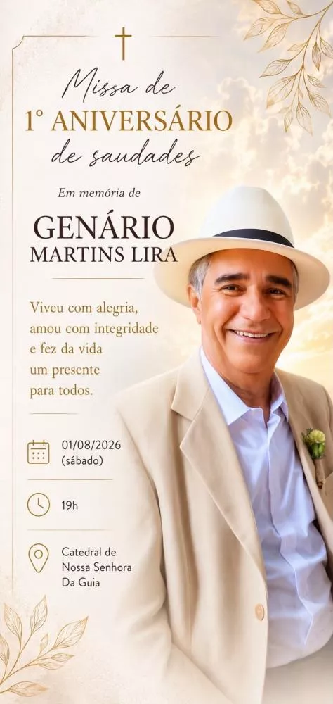Família convida para missa em memória do primeiro ano de falecimento de Genário Martins Lira
