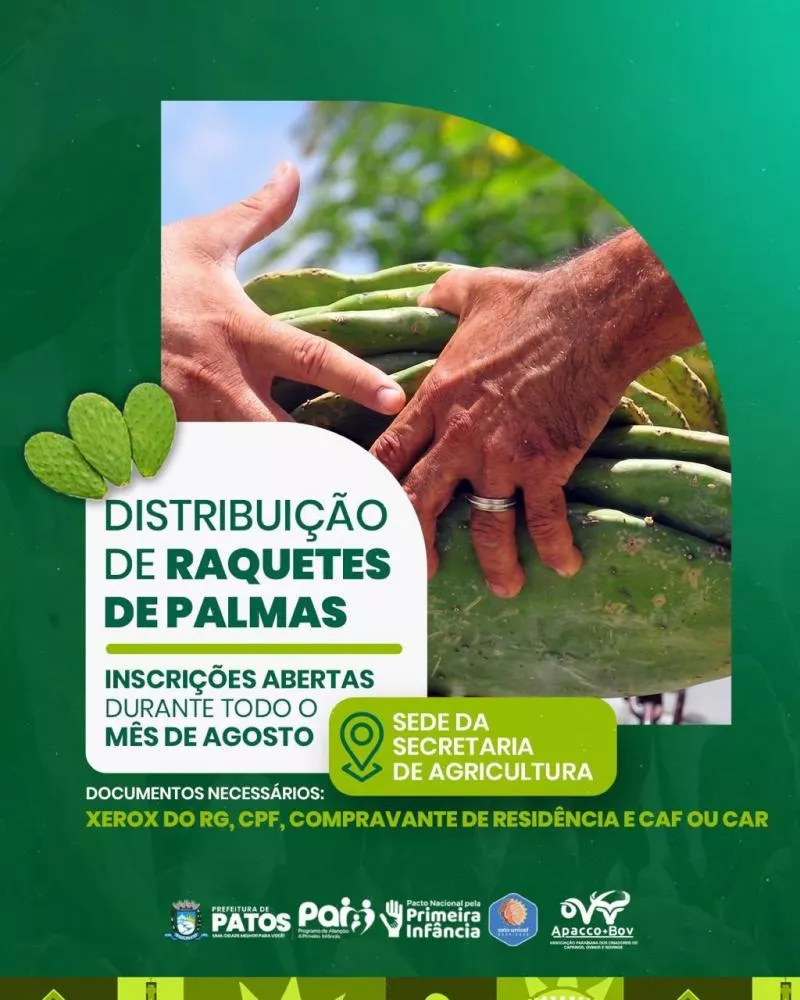 Prefeitura de Patos abre inscrições para distribuição de raquetes de palma em parceria com a Apacco