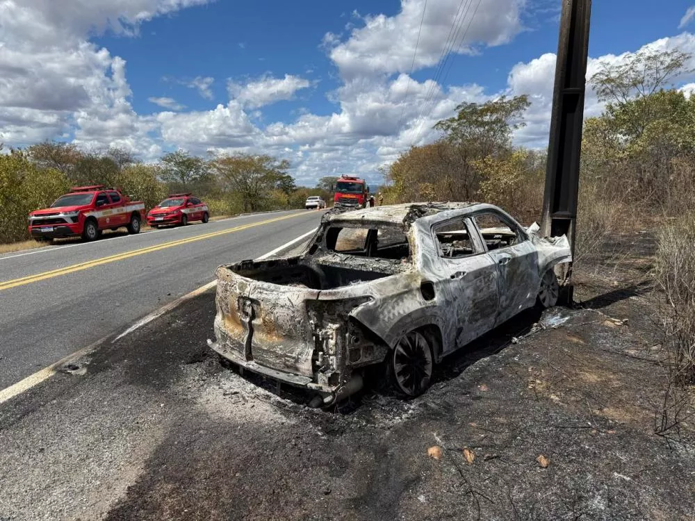 Carro pega fogo após colidir contra poste na BR-361, entre Piancó e Olho D’Água