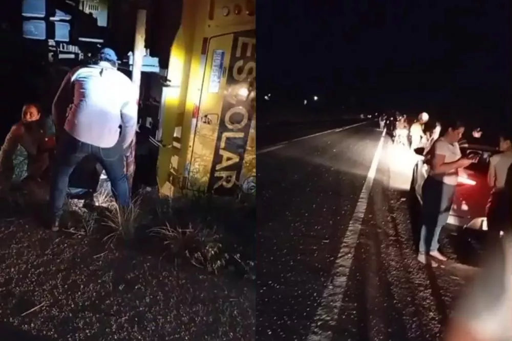 Ônibus escolar com estudantes tomba na BR-230, entre Soledade e Juazeirinho, e deixa feridos; motorista diz que tentou desviar de animal na pista