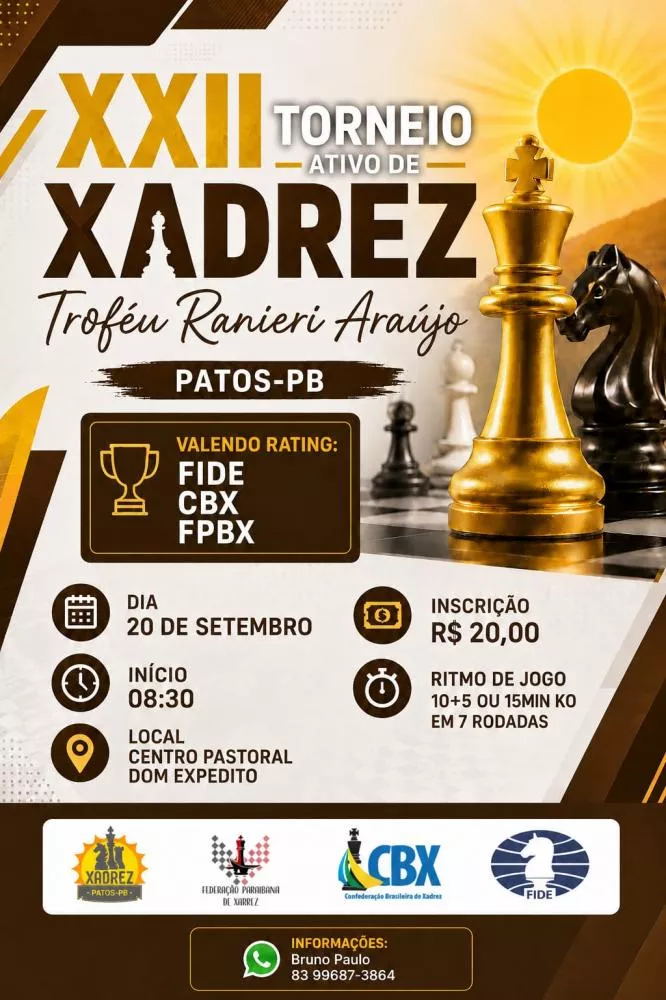 Patos recebe XXII Torneio Ativo de Xadrez – Troféu Ranieri Araújo no dia 20 de setembro