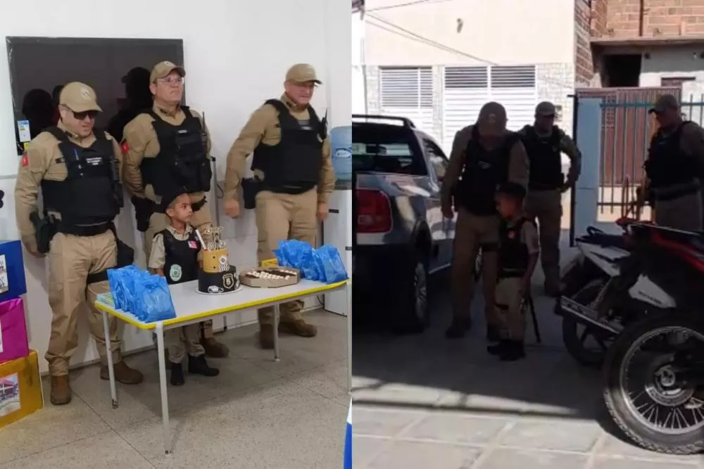 Sonho realizado: menino de 5 anos recebe visita de policiais do 3º BPM em creche de Patos durante comemoração de aniversário 