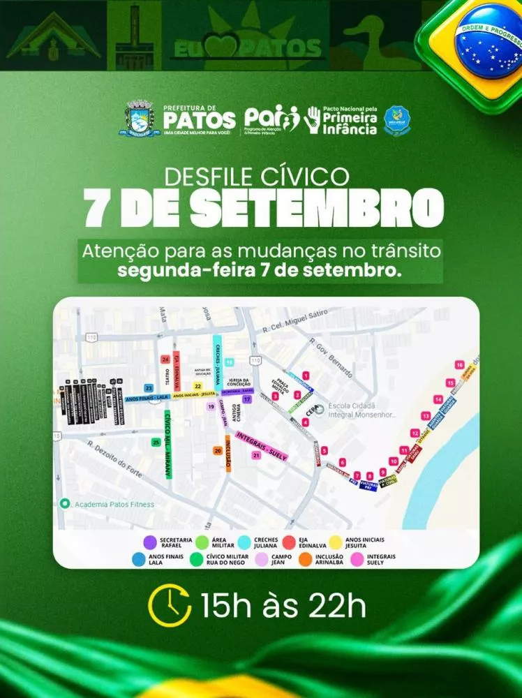 STTRANS realizará bloqueios de trânsito para o desfile de 7 de Setembro em Patos; confira os locais