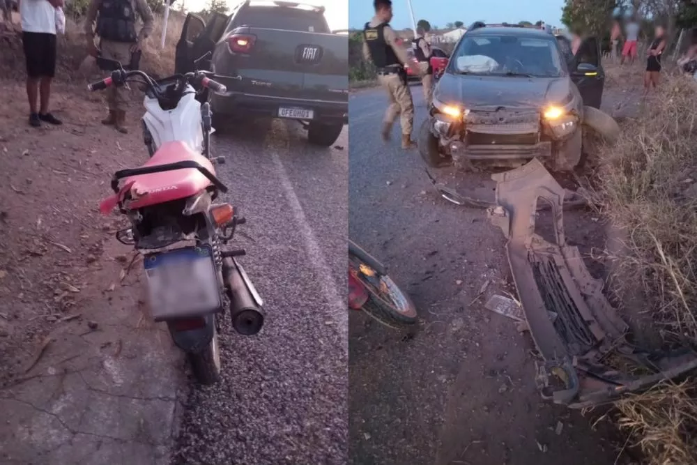 Colisão entre carro e moto deixa mulher e criança feridas entre Teixeira e Desterro; motorista é conduzido à delegacia por embriaguez