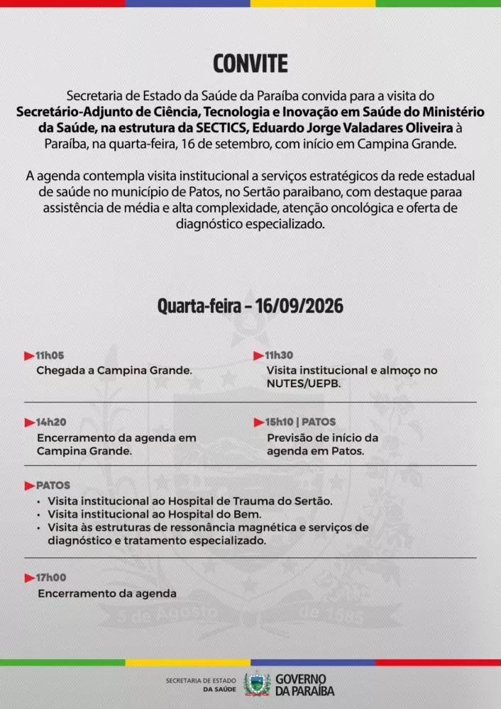 Ministério da Saúde realiza agenda institucional em Patos nesta quarta-feira (16)