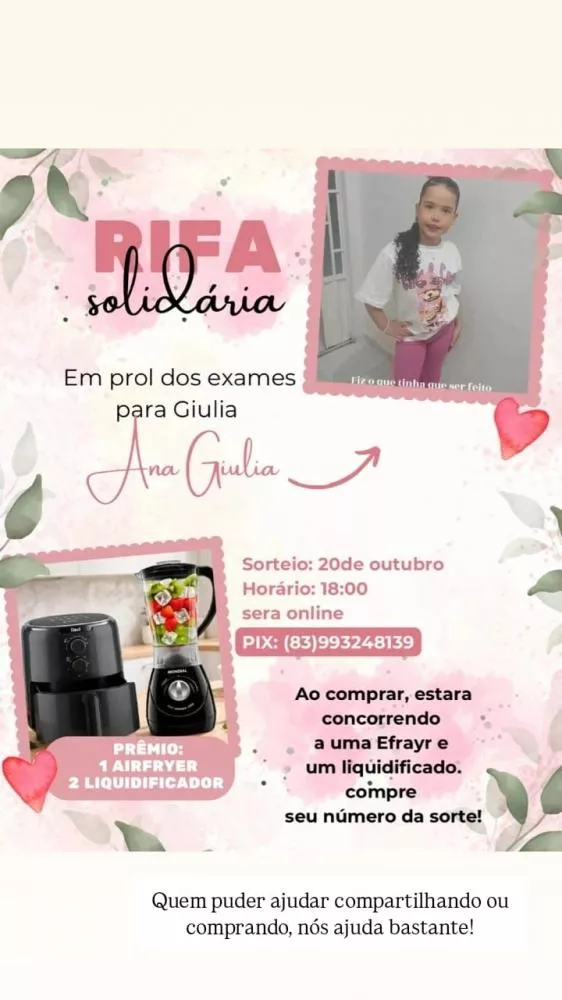 Família realiza rifa solidária para custear exame de saúde da pequena Ana Giulia