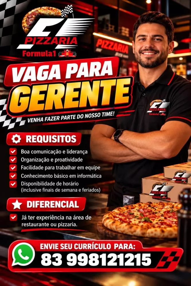 Pizzaria Fórmula 1 abre vaga de emprego para Gerente com experiência para início imediato em Patos-PB; confira