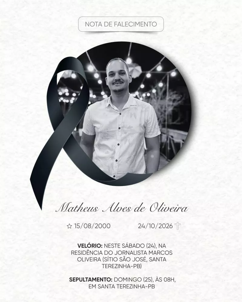 Informações de velório e sepultamento de Matheus Alves de Oliveira, filho do jornalista Marcos Oliveira