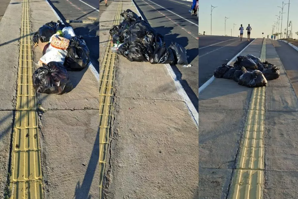 Lixo deixado sobre calçada da Alça Sudeste, em Patos, dificulta caminhadas e circulação de pedestres, relata cidadão