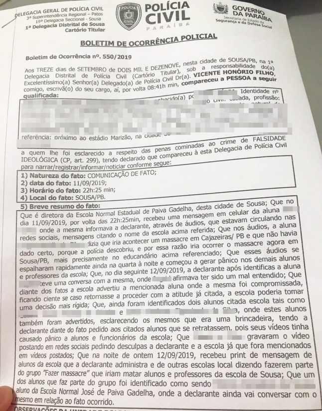Polícia Civil investiga e identifica estudantes que anunciaram “massacre” em escolas de Sousa