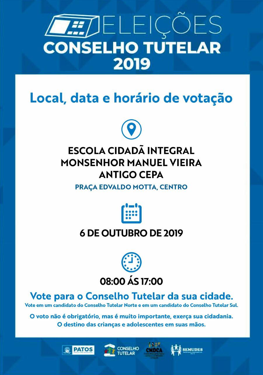 Eleições para conselheiros tutelares de Patos serão realizadas na Escola Cidadã Integral Monsenhor Vieira
