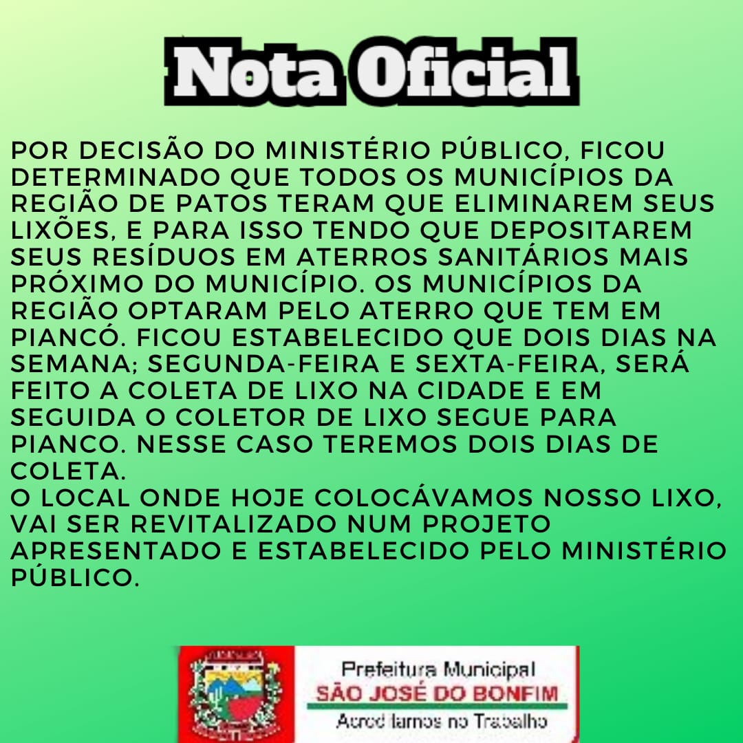 Prefeitura Municipal de São José do Bonfim emite Nota sobre fim dos Lixões