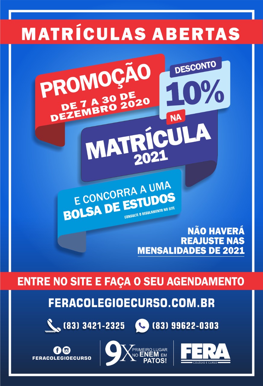 FERA Colégio e Curso: A Escola 9 vezes primeiro lugar no Enem Patos está com as matrículas abertas e com promoção. Veja