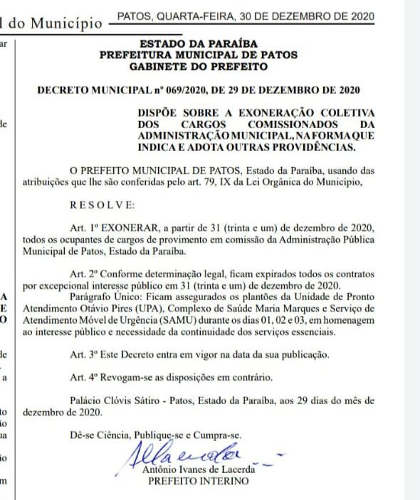 Em último ato na Prefeitura, Dr. Ivanes, assina decreto que exonera todos os cargos em comissão