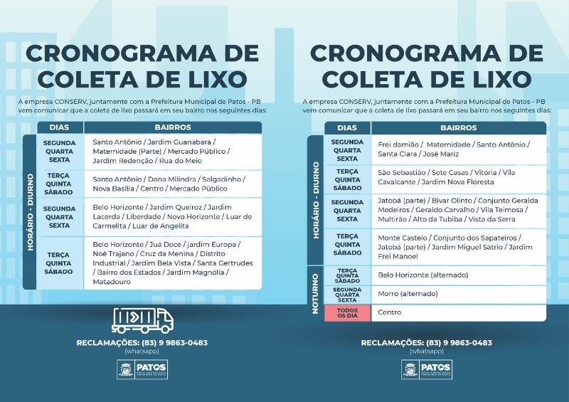 Divulgado cronograma de recolhimento do lixo doméstico em Patos. Veja