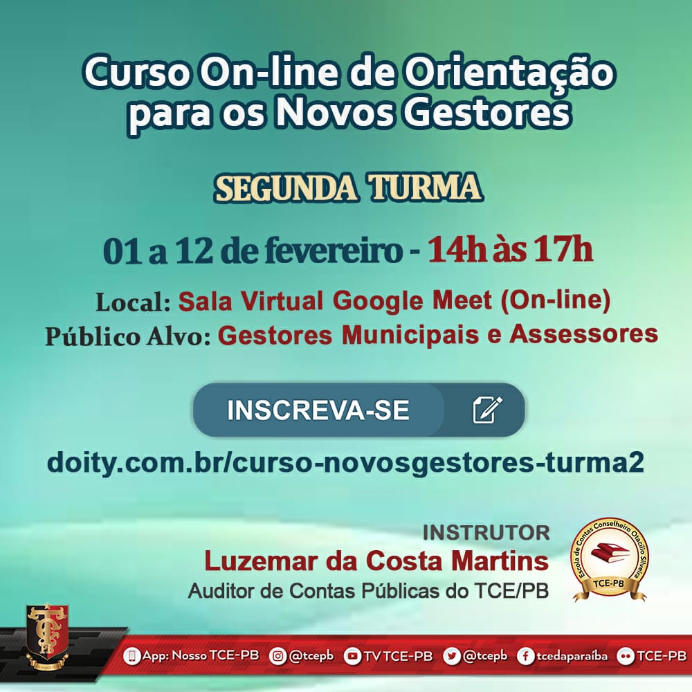 TCE-PB abre nova turma para orientar gestores por meio de curso on-line sobre responsabilidades na administração