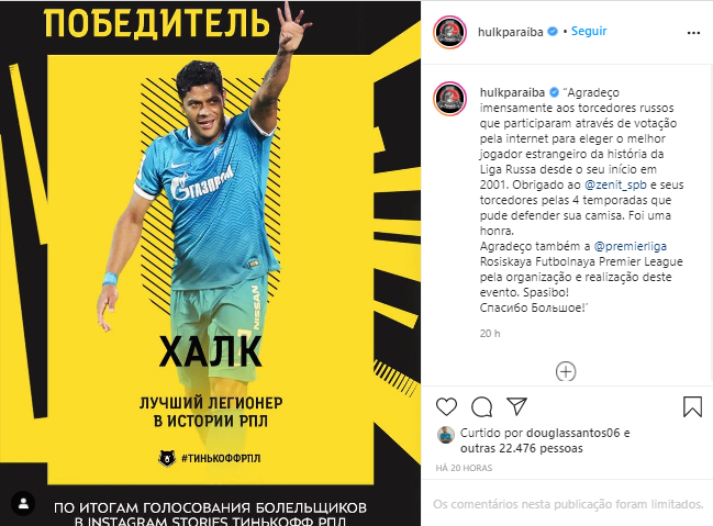 Paraibano Hulk é eleito o melhor estrangeiro da história do Campeonato Russo