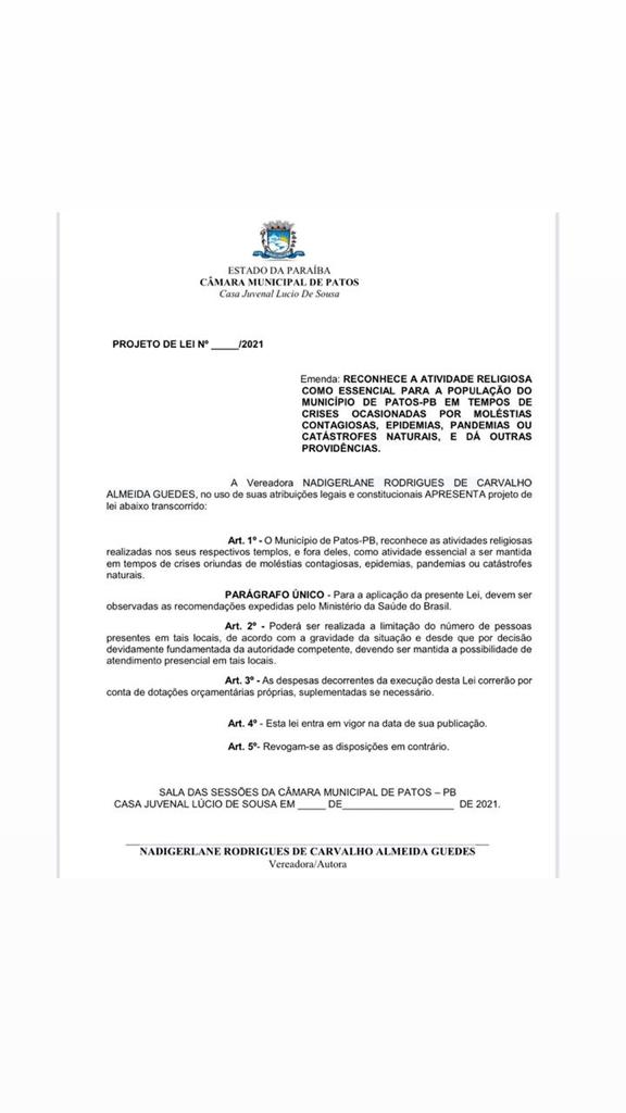 Vereadora Nadir apresenta Projeto de Lei tornando a atividade religiosa como essencial em Patos