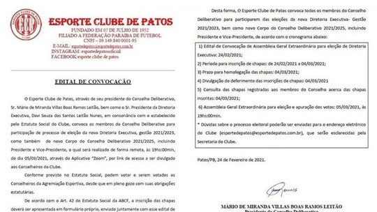 Esporte de Patos vai compor sua nova Diretoria Executiva em eleição marcada para 5 de março