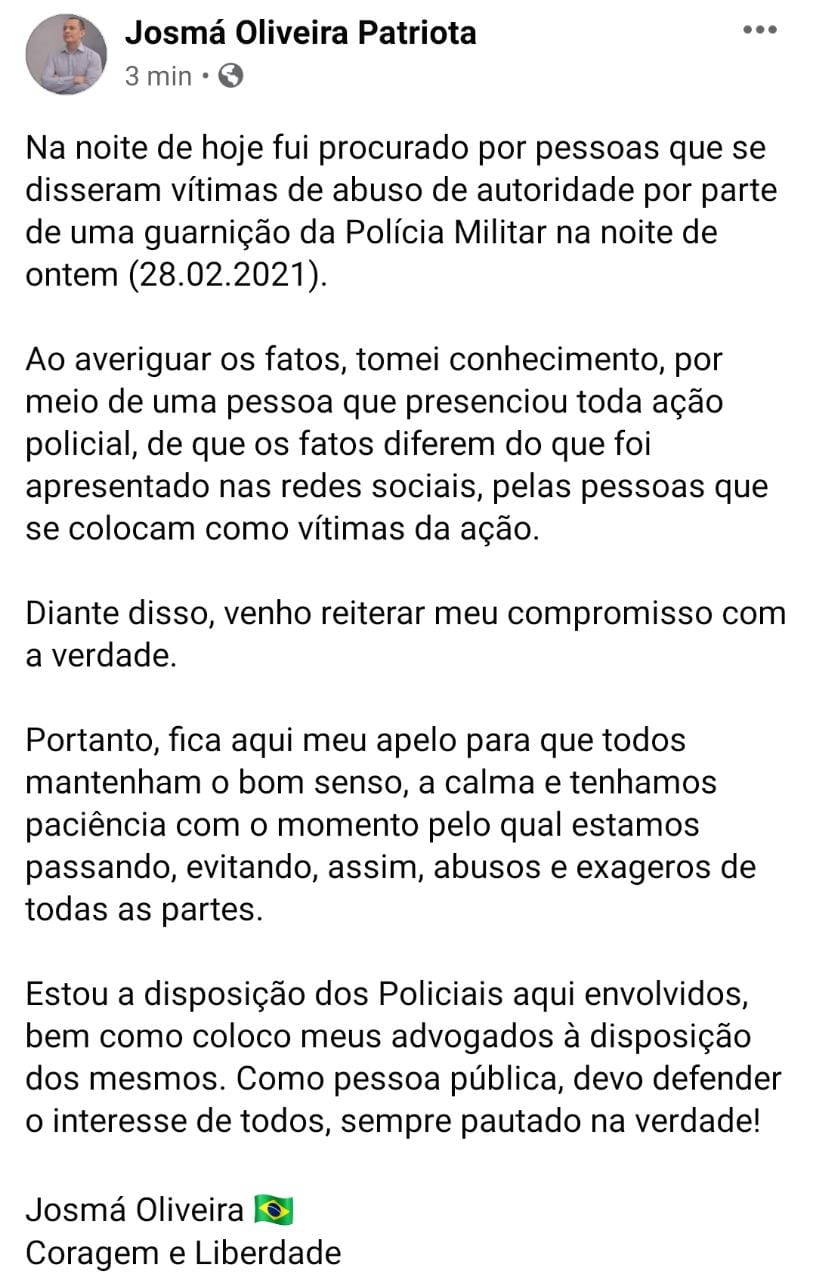 Vereador Josmá Oliveira se pronuncia sobre denúncia de jovem contra policiais. Veja