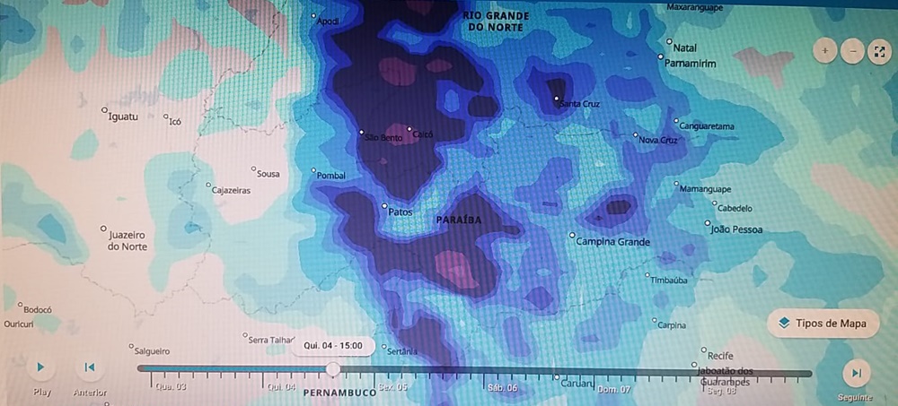 Institutos de meteorologia preveem chuvas para amanhã e pelo menos até domingo em Patos e região