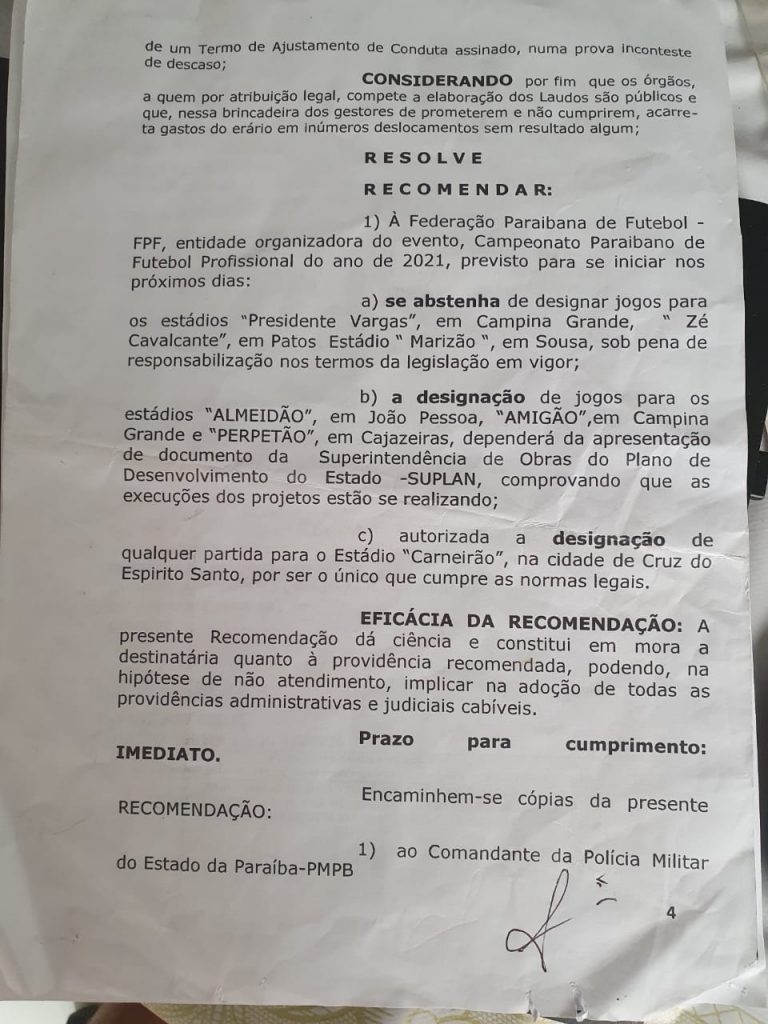 Ministério Público não recomenda estádios para o Campeonato Paraibano