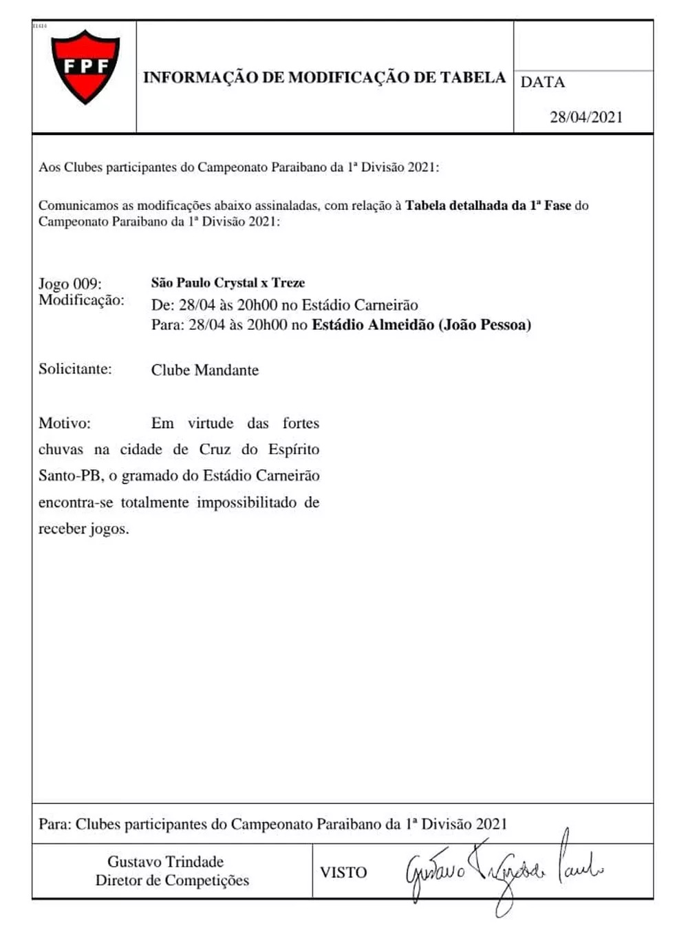 SP Crystal x Treze: FPF altera local da partida por conta das fortes chuvas em Cruz do Espírito Santo
