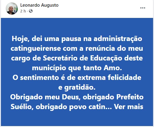 Secretário de Educação de Catingueira anuncia em rede social que deixou o cargo. Veja