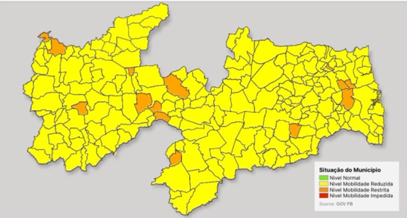 Covid-19: Municípios paraibanos voltam a ter predomínio de 100% de bandeiras laranjas e amarelas